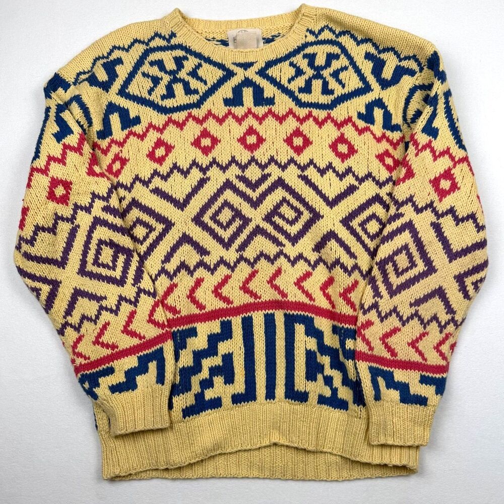 Vintage 90s Preswick Moore Aztec Geometric Cotton Sweater Large Abstract Dad